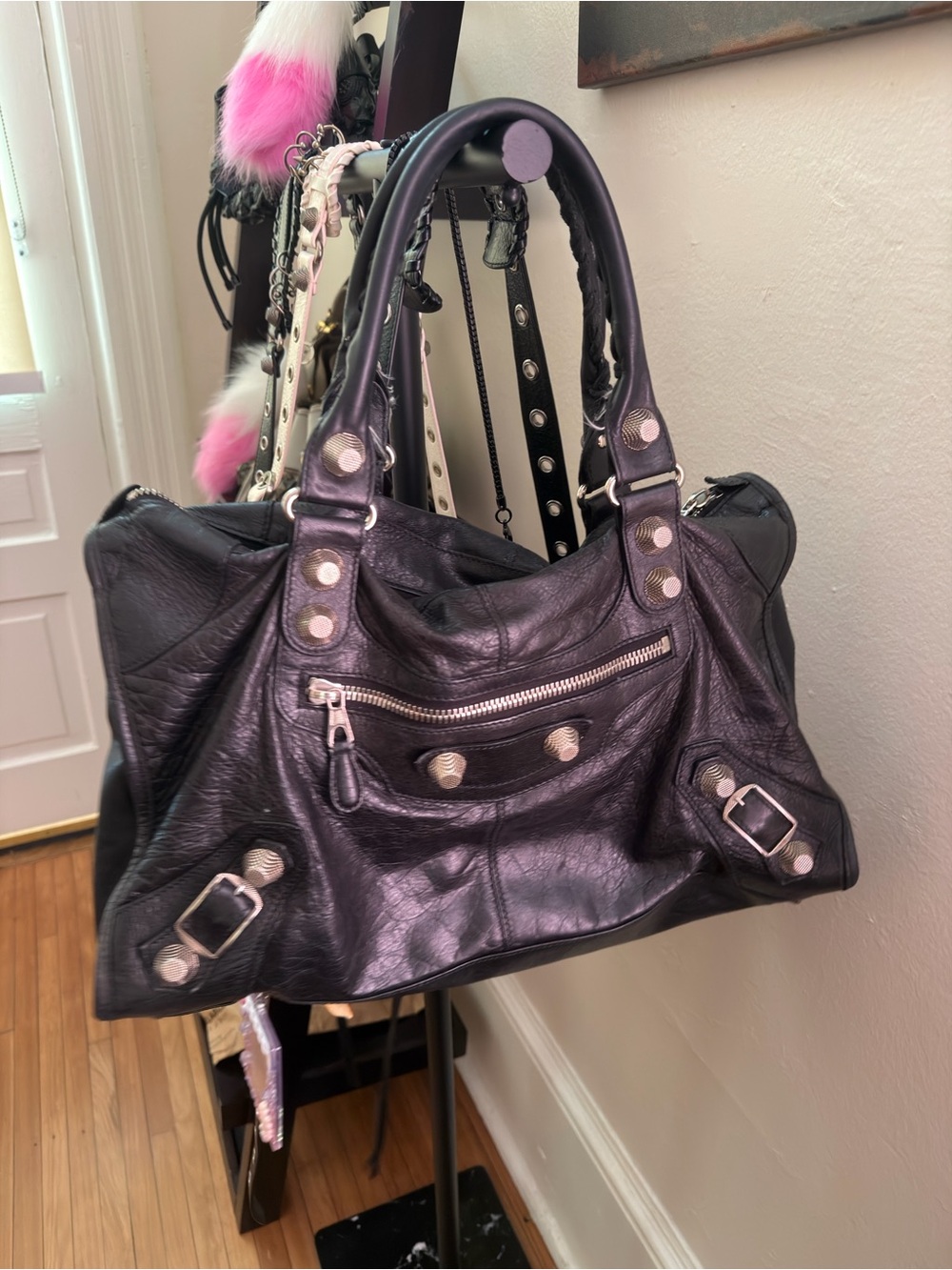 Balenciaga Black Leather Shoulder Bag with Silver-Tone Hardware